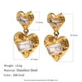 18K gold plated stainless steel heart earrings with square zirconia, vintage texture - Square Zirconia Double Heart Studs - Gold