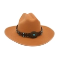 British style tan felt cowboy hat with turquoise beads and sunflower metal buckle - One Size (Wide Brim) / Camel Bound Edge (Treasure Flower Leather Belt)