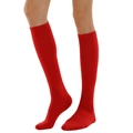 Classic bright red knee-high socks with ribbed cuffs shown in a cross-legged pose - One Size / Red