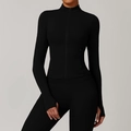 Slim fit black zip-up sports jacket for yoga and running with thumbhole cuffs - S / Tops / Premium Black