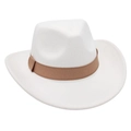 Detailed view of a white western cowboy hat with a brown decorative band on white background - One Size / White