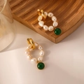 Handmade pearl hoop earrings with gold metal accents and a green gemstone drop charm - Baroque Pearl Green Pendant Style / 7mm-8mm
