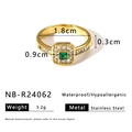 Detailed view of gold plated stainless steel ring with emerald zircon and dimension specs - US 8 / Square Green Gemstone Style (NB-R24062)