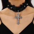 Gothic choker with black lace ruffles, silver spikes, and large vintage cross pendant - Lace Cross Style (F23) / Antique Silver
