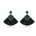 Bohemian long tassel earrings with dark green marble studs and black fan-shaped fringe - Dark Green Marble Pattern Fan (S207)