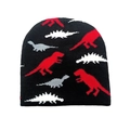 Close-up of black knitted beanie featuring colorful dinosaur jacquard patterns for kids - M(48-52cm) / Black With Red Dinosaur