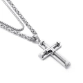 Silver stainless steel double-layered necklace with hip-hop cross pendant and pearl chain - Steel Color (KN202670-Z)