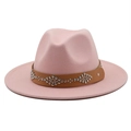 Close-up of pink wool felt hat featuring brown leather band with silver metal studs - Light Pink