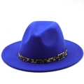 Royal blue fedora hat detail featuring a leopard print band and gold buckle on white back - M (56-58cm) / Sapphire Blue