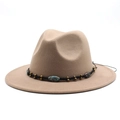 Classic khaki wool fedora hat with bohemian woven band and turquoise stone accents - M (56-58cm) / Light Purple Grey