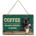 Retro black cat coffee wooden wall sign with rope hanger and humorous slogan - Poplar Wood / Humorous Black Cat Coffee (Style A)