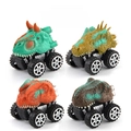 Set of four dinosaur pullback toy cars with off-road tires in green, orange, and yellow - Tyrannosaurus Series