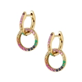 Schicke 18K Gold Doppel-Creolen mit bunten Regenbogen-Steinen auf weißem Hintergrund - Bunter Strass