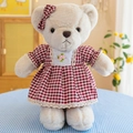 Cream teddy bear plush toy wearing a red and white checkered dress and matching bow - Red Couple Bear Female