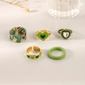 5-piece elegant green and gold ring set with heart-shaped zircon and tortoiseshell texture - J651-Green Heart 5-Piece Set