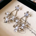 Detail shot of silver flower drop earrings with pearls and crystals on a vintage background - 9# Silver Earring Post - Silver - White - Pearl