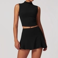 Damen Sport-Set in Schwarz mit ärmellosem Crop-Top und gerafftem Tennisrock für Fitness - S / Weste + Rock Premium Schwarz