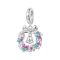 S925 sterling silver Christmas wreath pendant with bell and colorful gemstones - Christmas Wreath (SCC3205)