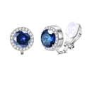 Detail of silver clip-on earrings featuring a blue halo sapphire and silicone pads - Silver Deep Blue Gem