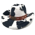 Detail of plush cow print cowboy hat with brown faux leather band and metal bull buckle - Straight Crown Black