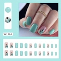 Green and nude square press-on nails with minimalist black leaf patterns and set overview - W1324 Fresh Lake Green (Glue Style)
