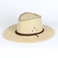 Close-up of beige woven straw cowboy hat with dark stitching and metal ventilation eyelets - Adjustable / Beige (Solid)