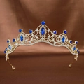 Baroque bridal crown with golden base, white rhinestones and dark blue gemstones - Royal Blue