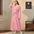 Long sakura pink flannel bathrobe for women with white piping and waist belt - Sakura Pink (Female)