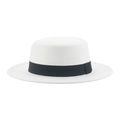 Detail shot of a white wool boater hat for kids featuring a classic black ribbon band - S / White