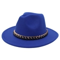 Close-up of royal blue wool felt fedora with a decorative gold chain and leather band - M (56-58cm) / Royal Blue (Black Chain Decor)
