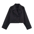 Detail van kort double-breasted zwart trenchjack met revers en schouder epauletten - S / Zwart