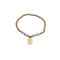 Gold beaded bracelet with five white pearls and a square letter M pendant on white background - Letter M