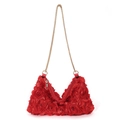Red 3D rose flower satin shoulder bag with gold chain strap for party evening - Red