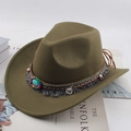 Olive green felt western cowboy hat with bohemian beaded band and tassel accents - Ethnic Style / Army Green