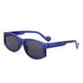 Stylish blue translucent polygonal sunglasses with dark grey lenses in a 45-degree side view - Blue Frame Grey Lens