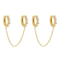 Golden double-hole hoop earrings with rectangular cubic zirconia stones and link chain - Double Piercing Connected Square Zirconia Earrings-Gold