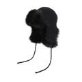 Winter black knit hat with thermal faux fur earflaps and adjustable drawstring ties - Black (6019)