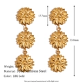 Vintage triple sunflower gold drop earrings in 18K plated stainless steel finish - Triple Sunflower Drop Earrings - Gold