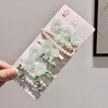 Mint green rhinestone pearl hair clip set of six on pink card for women hairstyles - #1#5228 Green