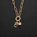 14K gold plated stainless steel paperclip chain necklace with initial and pink stone - Letter Q (XNL0097)