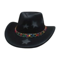 Black western felt hat with grey star patterns and colorful woven bead band decoration - One Size / Black (Tibetan Sugar Beans)