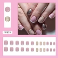 Short French press-on nails in champagne gold and nude pink tones, model W979 - Simple Champagne [Glue Style] (W979)