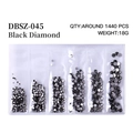 Black Diamond nail rhinestones pack with mixed sizes and 1440 pieces in a clear pouch - Mixed Sizes SS4-SS16 Around 1440 Pieces / Gun Black