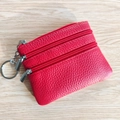 Red genuine leather coin purse with three zippers, key ring and litchi grain texture - Rose Red