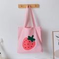Pink canvas tote bag with strawberry embroidery, large capacity aesthetic shoulder bag - Pink