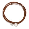 Brown leather wrap choker necklace with silver oval clasp, pearl and round metal pendant - Brown Necklace