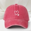 Washed dark red baseball cap with double white heart embroidery in vintage cotton style - One Size / Watermelon red