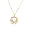Detailed close-up of golden spiked heart necklace with sparkling clear zircon inlay - Gold White Zircon Necklace
