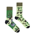 Asymmetric cotton crew socks with olive harvest jacquard illustration in olive green tones - Orchard Harvest
