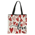 Beige polyester tote bag with pink heart patterns and black love lettering detail - Style 8 Beige Base Love Letters
